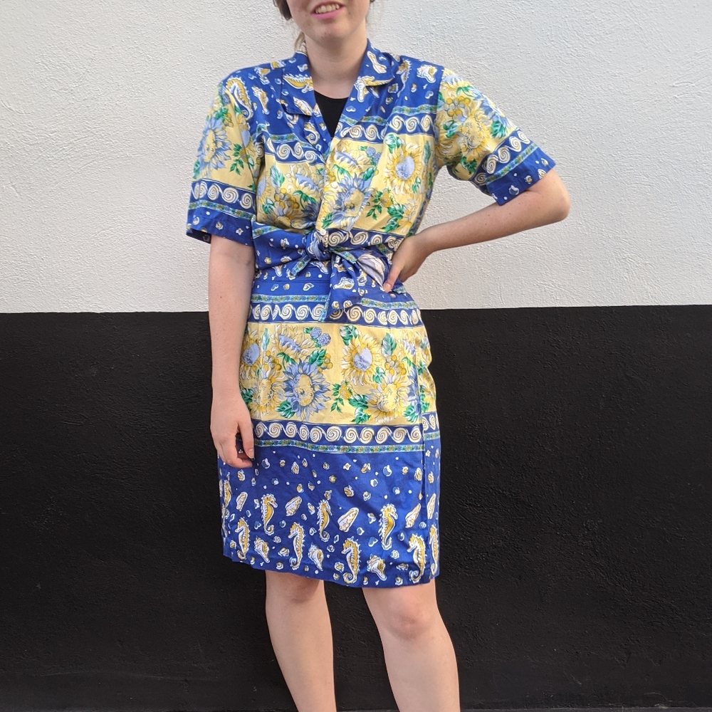 90s blue seahorse cotton skirt set 2pc w sunflower floral pattern skirt …